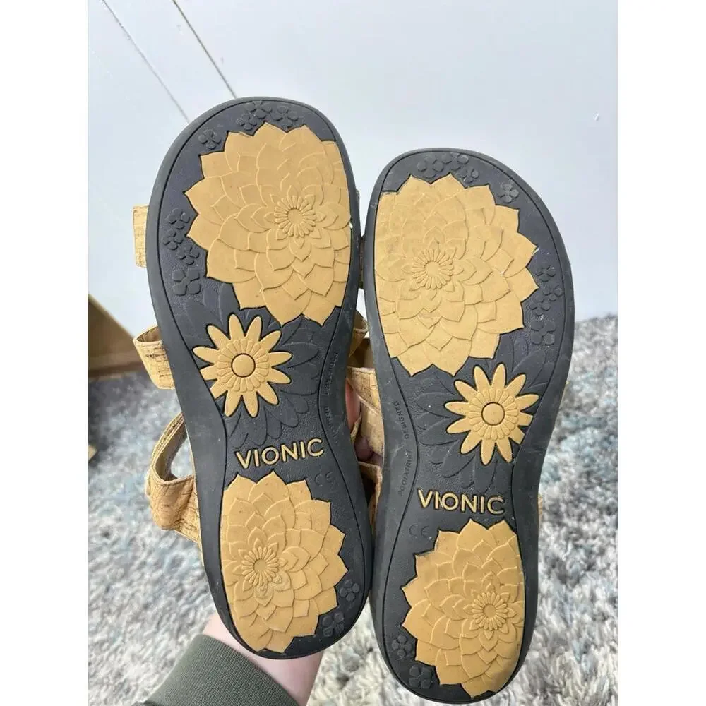 Vionic Sandals Womens Size 9 Amber Ankle Strap Cutouts Gems Comfort Tan